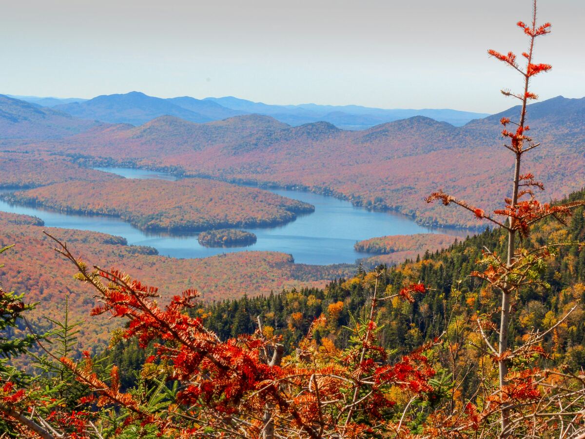 Autumn view from a mountain overlook of an Adirondack lake surrounded by colorful forested hills